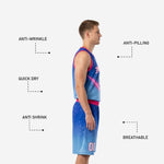 Back view of custom sublimated basketball uniform in blue and pink showing back number and player name placement on jersey with matching shorts