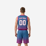 Back view of sublimated basketball uniforms in blue and pink gradient with back number and player name print zones visible