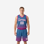 Sublimated basketball uniforms in steel blue and hot-pink gradient with geometric diamond pattern, V-neck jersey and matching shorts, front view on adult male model