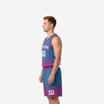 Opposite side view of custom blue and pink sublimated basketball jersey and shorts showing armhole binding and waistband detail