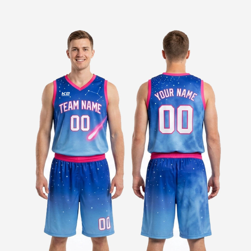 Custom Sublimated Basketball Uniforms in Your School Colors - Blue and Pink Design