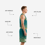 Back view of teal and gold sublimated basketball uniform set showing back name and number placement on jersey and Aztec pattern on shorts