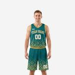 Sublimated basketball uniforms in teal and gold Aztec geometric pattern, full two-piece set with team name and number 00 on front jersey and matching shorts