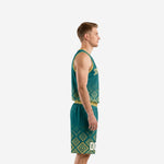 Front view of teal and gold custom sublimated basketball uniform set with arched team name across chest, white and gold front number, and geometric shorts