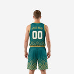 Opposite side view of teal and gold custom sublimated basketball uniform set showing geometric pattern wrap and gold elastic waistband detail