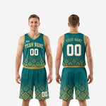 Size and specification sheet for teal and gold sublimated basketball uniforms showing youth and adult sizing options for team roster orders