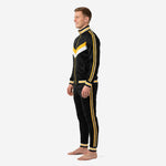 Sublimated black and Athletic Gold men's soccer tracksuit with stand collar and tapered pants, side angle