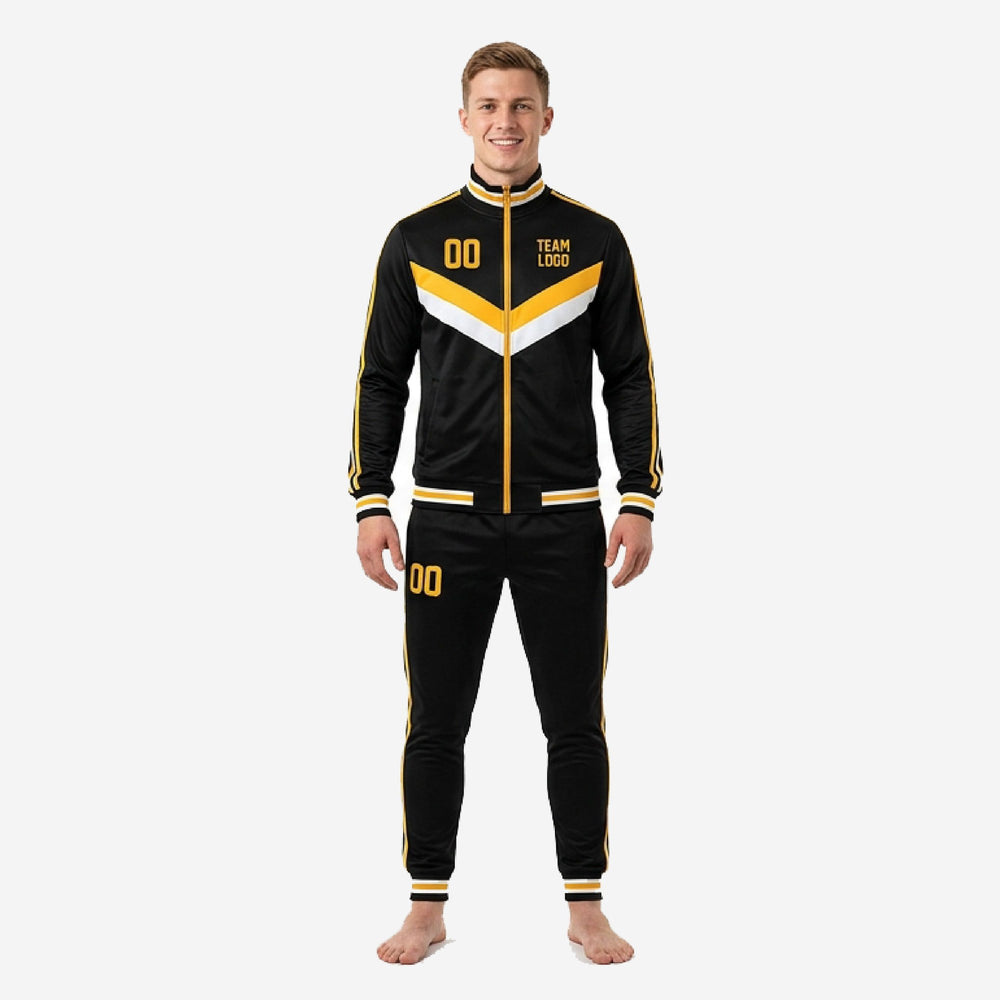 Sublimated Black and White Soccer Tracksuit - Custom Gold Stripe