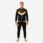 Men's sublimated black and white soccer tracksuit with Athletic Gold chevron panel and full-zip jacket, front view