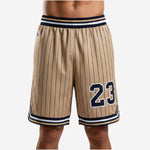 Detail of the 3-stripe elastic waistband in navy, red, and white on custom blue and white basketball shorts