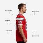 Custom red football jersey side detail showing shoulder cap TV number, stripe band construction, and straight hip hem on male model