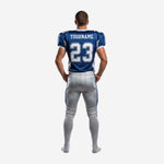 Back view of the custom American football uniform showing the back number, player nameplate area, and silver-grey pant construction