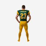 Full American football uniform set side panel detail showing green outer leg stripe on gold pants and jersey hem meeting waistband