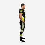 Size and specification sheet for black and neon yellow sublimated football uniform sets covering youth through adult sizing