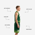 Back view of forest green sublimated basketball jersey showing player name and number placement on dark green body