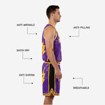 Basketball uniform shorts in Royal Purple with gold lightning bolts and black side panels