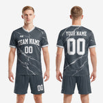 Full sublimated marble print soccer uniform set in charcoal and white, jersey and shorts