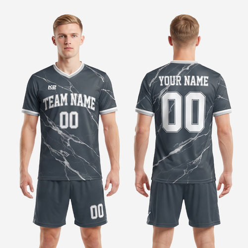 Full sublimated marble print soccer uniform set in charcoal and white, jersey and shorts