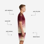 Close side view of sublimated maroon soccer uniform highlighting gold stripe trim on sleeves and shorts side panels