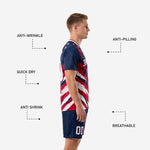 Sublimated men's soccer kit in navy, crimson, and white with back name and number placement visible