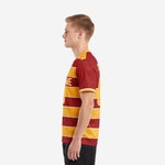 Custom maroon and gold striped soccer shirt mens right side view showing back name and number print zones