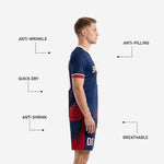 Men's sublimated soccer uniform back view in Navy Blue and Crimson showing back name and number print zones