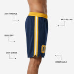 Size and specification sheet for custom navy and gold basketball shorts covering youth through adult roster sizing
