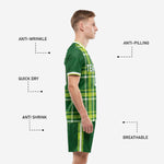 Full sublimated plaid soccer uniform kit in forest green with lime and white accents