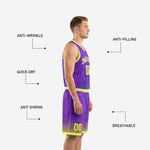 Full sublimation detail on purple basketball uniform showing flame pattern on jersey body and geometric halftone design on shorts hem