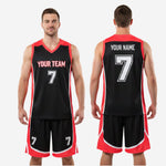 Close detail of sublimated red and black basketball jersey showing colorfast armhole binding and white trim panel edge
