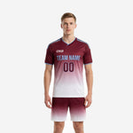 Men's sublimated red soccer uniform in custom maroon-to-white gradient with sky blue trim, front view, jersey and shorts set