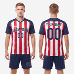 Full sublimated red and navy soccer uniform set with jersey and shorts for custom team orders