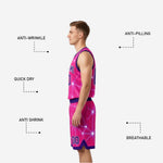 Sublimated reversible basketball uniforms pink side back view showing back name and number zones with white geometric star sublimation pattern