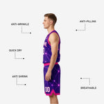 Sublimated reversible basketball uniforms purple side back view with player name, back number, and geometric star pattern across full jersey and shorts