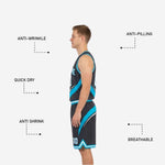 Size and specification sheet for custom sublimated reversible basketball uniforms in teal and charcoal showing youth and adult sizing