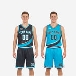 Back view of teal side reversible basketball uniform showing dark number and name on teal sublimated jersey and shorts