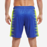 Close detail of neon yellow outlined player number on custom sublimated Royal Blue soccer shorts
