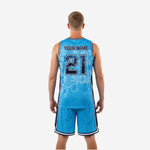 Full front view of sublimated sky blue basketball uniform set with tone-on-tone floral design and bold navy lettering