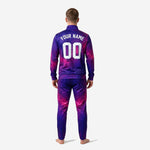 Custom soccer tracksuit set galaxy print detail on jacket chest showing team logo and player number print zones in white