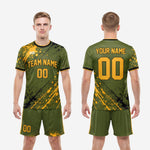 Sublimated soccer uniform army green and gold team kit with custom team name and number