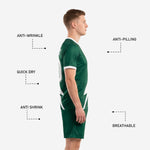 Full sublimated Forest Green and White soccer uniform set with custom player number on shorts thigh