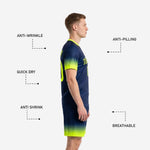 Men's soccer team uniform shorts in Navy Blue with Neon Yellow gradient hem and sublimated player number on left leg