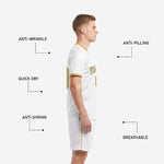 Sublimated white soccer jersey with gold trim and custom team name, full dye sublimation by K2 Sportswear