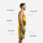 Full sublimated yellow and black basketball jersey and shorts set from K2 Sportswear