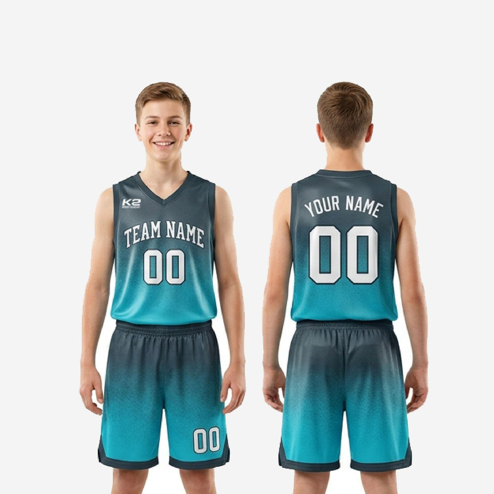 Sublimated Custom Kids Basketball Uniforms - Teal Gradient Set