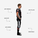 Detail view of black and red youth American football uniform showing sublimated silver shoulder panel and red contrast trim at collar and cuffs