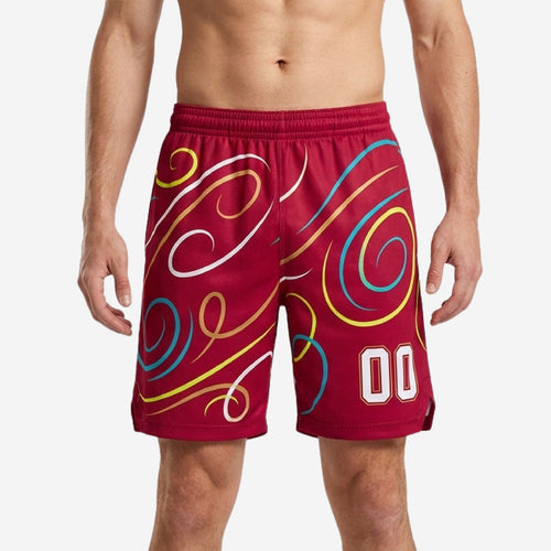 Custom basketball shorts with logo and player number 00 in crimson red swirl print full front view