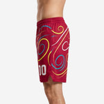 Crimson swirl print team basketball shorts side panel detail with gold and teal ribbon curves