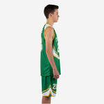 Side view of green and gold youth basketball uniform showing white shoulder panel, gold armhole binding, and matching shorts with white hem panel and gold chevron accent
