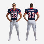 Size and specification sheet for custom navy and white tackle football uniforms showing available youth and adult sizing for full roster orders